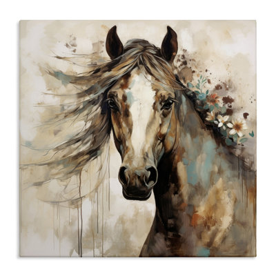 «Brown Horse with Florals», art mural sur toile par Lazar Studio