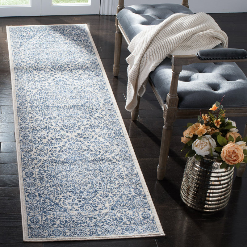 Tapis oriental gris clair / ivoire, Tapis de couloir 2 pi x 8 pi, Navy/Light Grey