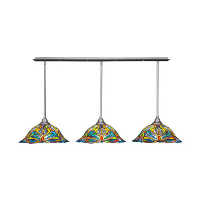 3 Light Stem Hung Linear Pendalier Shown With 19" Kaleidoscope Art Glass