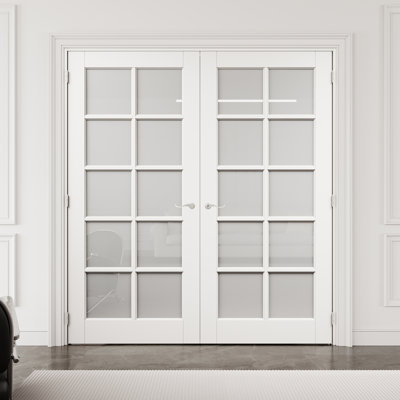72" x 80" 10-Lite Frosted Glass Interior French Door with Silver Hardware & Latch & Door Lever, Tempered Glass Door Slab with Privacy, Paintable & Waterproof, Suit for Laundry, Closet Doors, Room Doors, Assembly Required