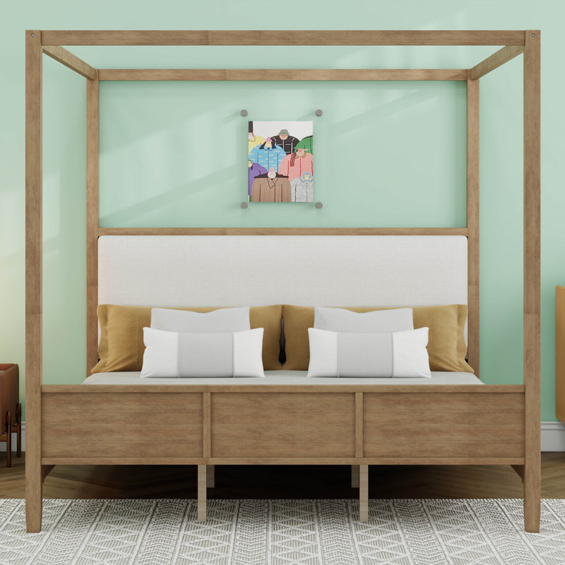 Lit à baldaquin en bois avec tête de lit tapissier, lit plateforme en bois avec 4 affiches, King, Natural Walnut