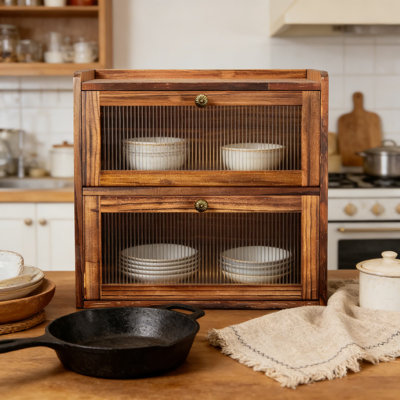 Wooden Bread Box For Kitchen Countertop, 2-Tier Bread Storage Container With Acrylic Window, Large Capacity Vintage Farmhouse Pantry Organizer With Ventilation And Magnetic Door