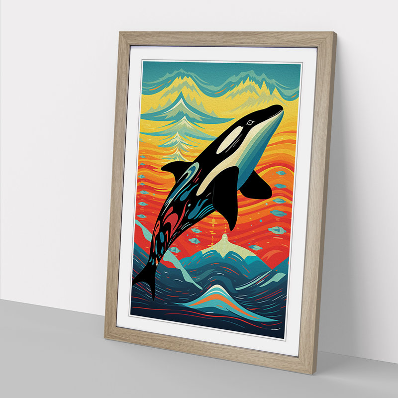 Orca Whale Op No.2 - Single Picture Frame Print on Wood, Oak Framed, 46cm H x 34cm W x 2cm D