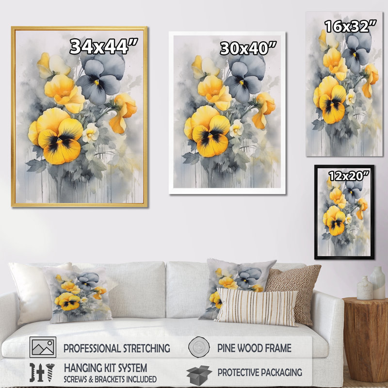 Yellow And Grey Minimalism Pansies, Wrapped Canvas, 32" H x 24" W x 1" D