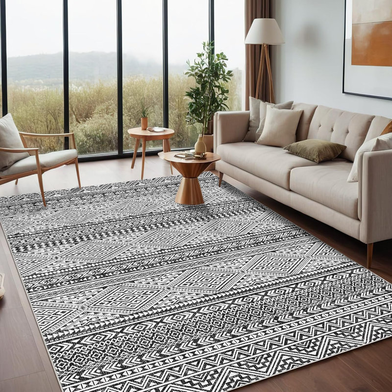 Boho 5x7 Ft Distressed Area Rug, Machine Washable Non-Slip Large Carpet for Living Room, Dining Room, Home Decor (Black)