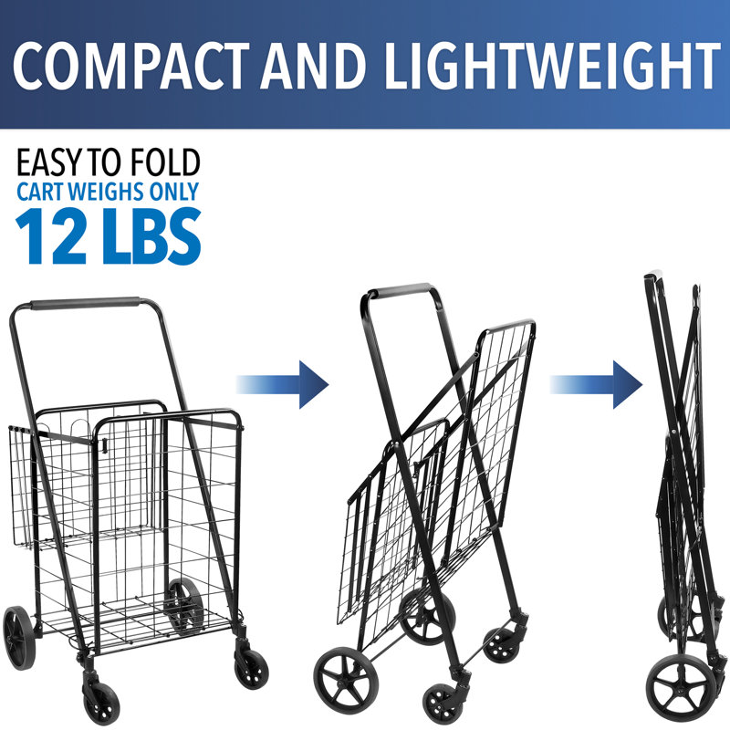 Black Metal Foldable Utility Cart with Dual Baskets