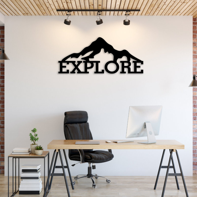 Explorez les montagnes en métal, art mural, Noir, H 14 po x l 32 po x P 0,12 po