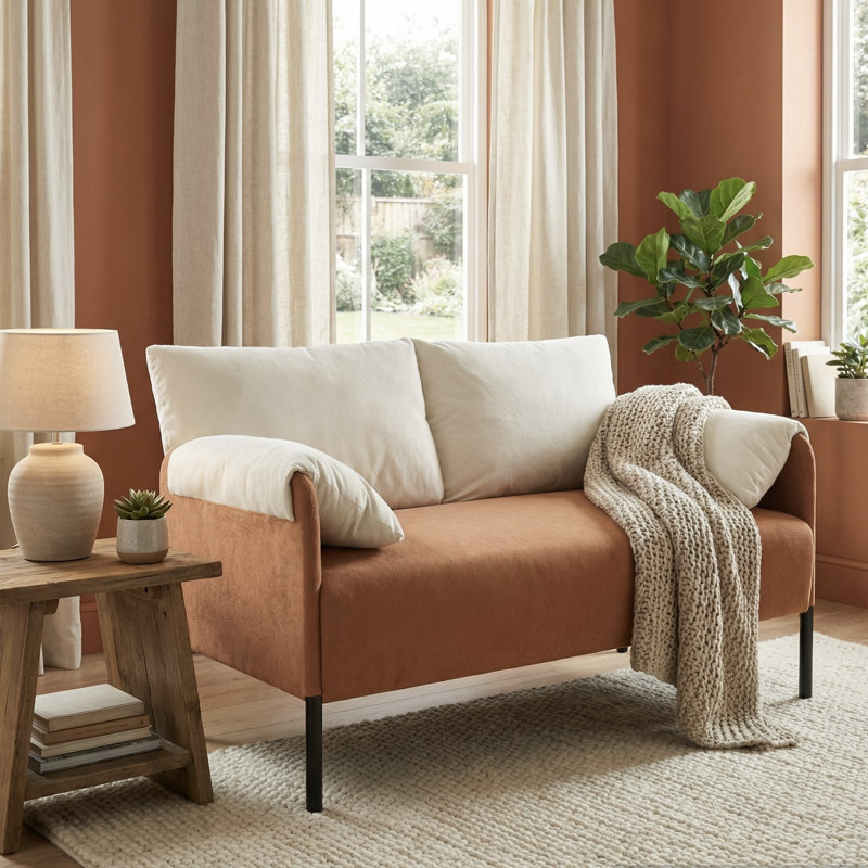 48.75'' Wide Modern Soft Chenille Fabric Upholstered Loveseat With Padded Armrest, White/Orange