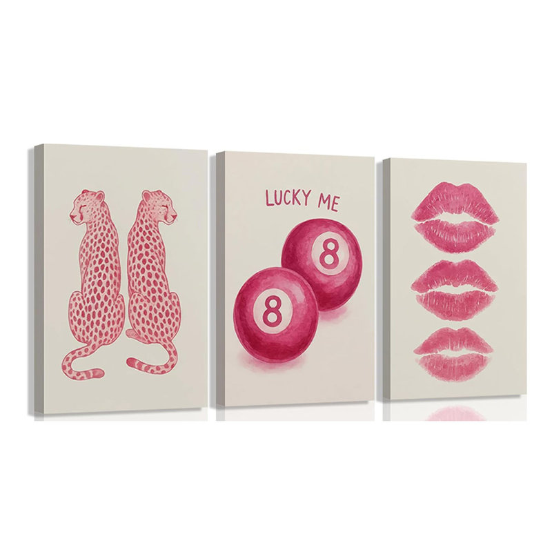 3Pcs Pink Leopard Canvas Wall Art Trend Cheetah Wall Decor Painting Pink Coquettish Cherry Lips Prints Lucky 8 Ball Y2k Aesthetic Picture For Bedroom Dorm Room Decoration Framed