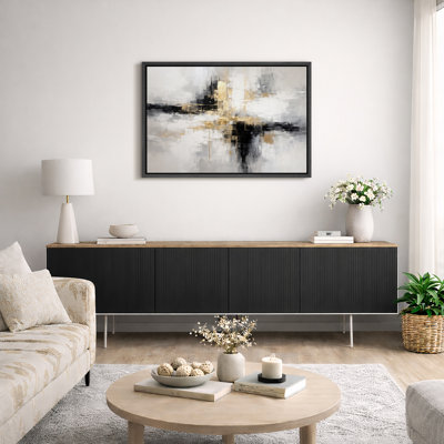 Abstract Black Gold Cross Composition Artwork, Contemporary Living Room Pictures, Framed Canvas Giclee Print Wall Art