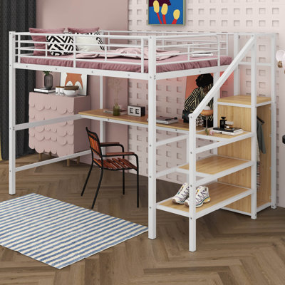Metal Loft Bed With Storage Staircase And Small Wardrobe, Loft Bed With Safety Guard For Kids, Teens, And Adults by Mason & Marbles