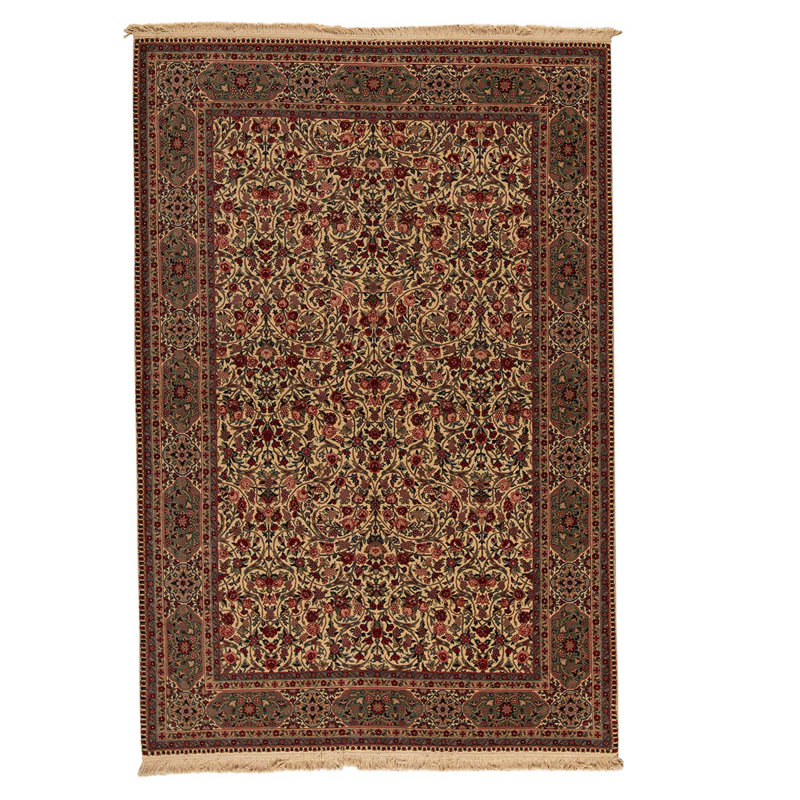 Tapis unique en laine noué à la main de 6 pi x 9 pi vert / ivoire / rose
