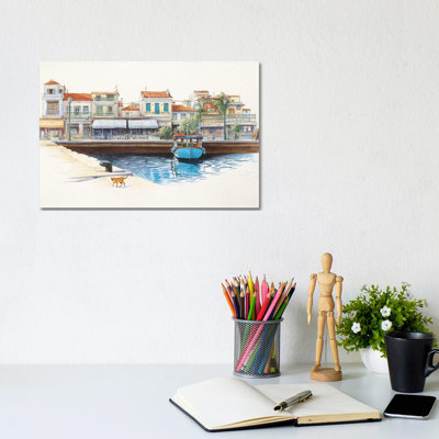 Greek Cat by the Harbour 1 Piece Wrapped Canvas Painting