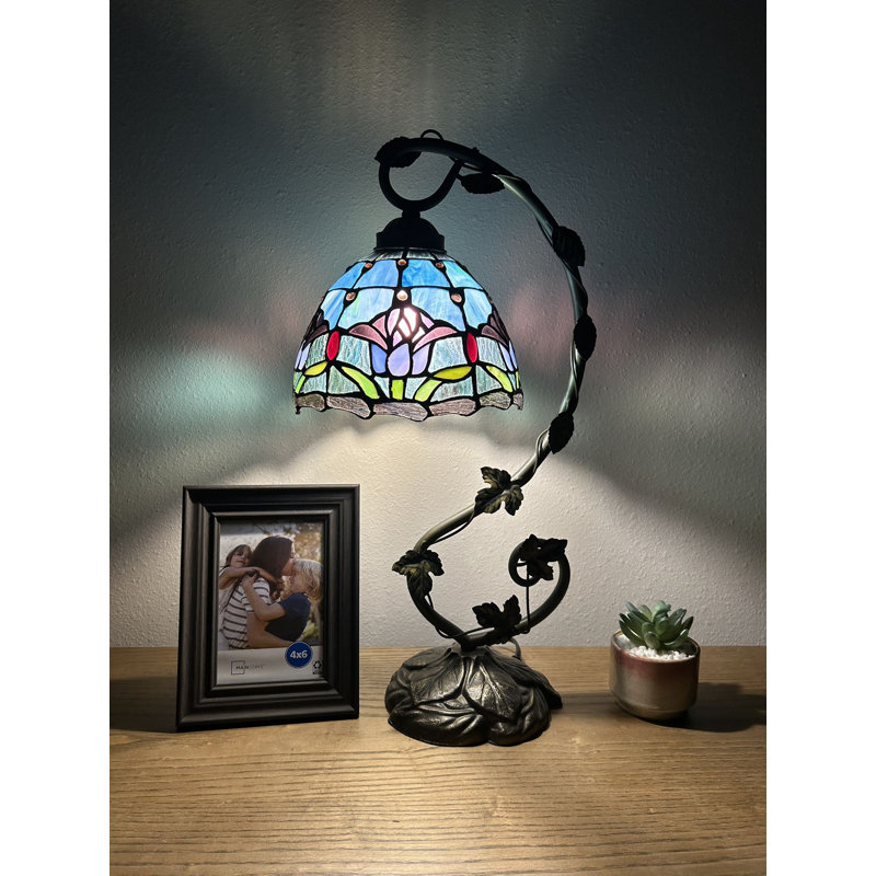 Hanif Tiffany Table Lamp Tulips Blue Purple Stained Glass Iron Metal Leaves 11"W*8"D*21"H