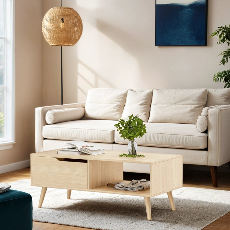 39'' Coffee Table, Mid Century Modern Coffee Table with Drawer & Shelf,, Oak