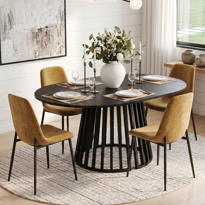 4- Person Dining Table Sets With Extendabe Oval Table & 4 Upholstered Chenille Dining Chairs