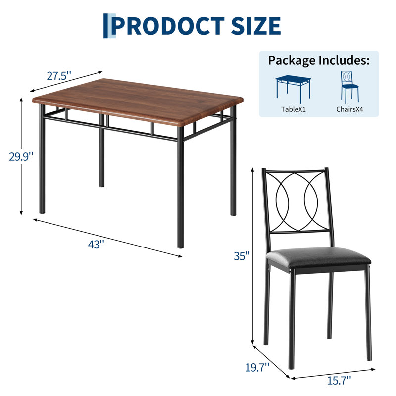 Ensemble de table de salle à manger 5 pièces peu encombrante, table de ferme en bois avec chaises rembourrées, Tanné