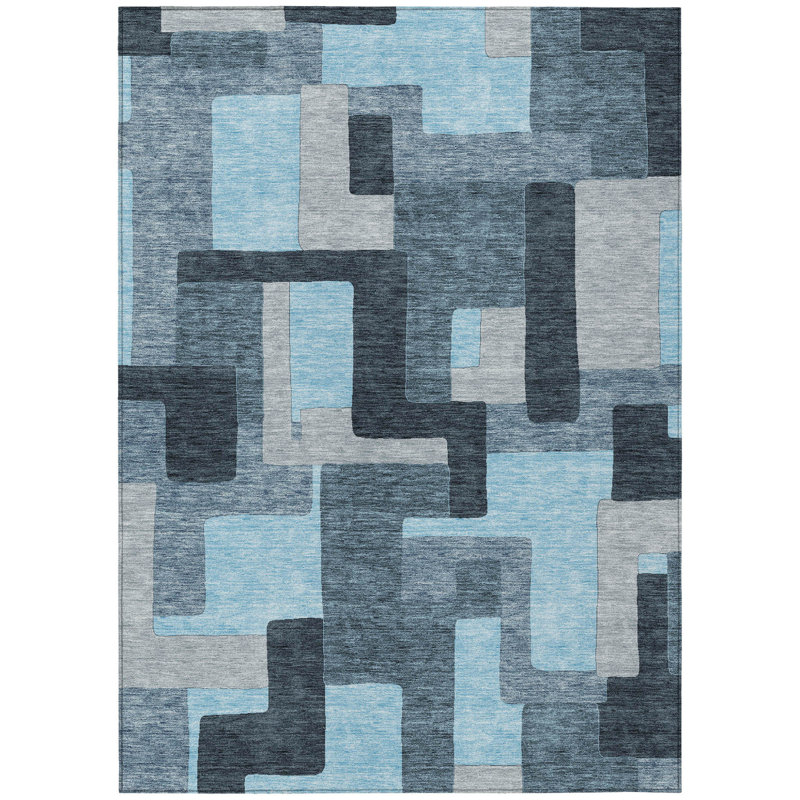 Tapis extérieur lavable à motif géométrique bleu et gris 10 pi x 14 pi bleu ciel