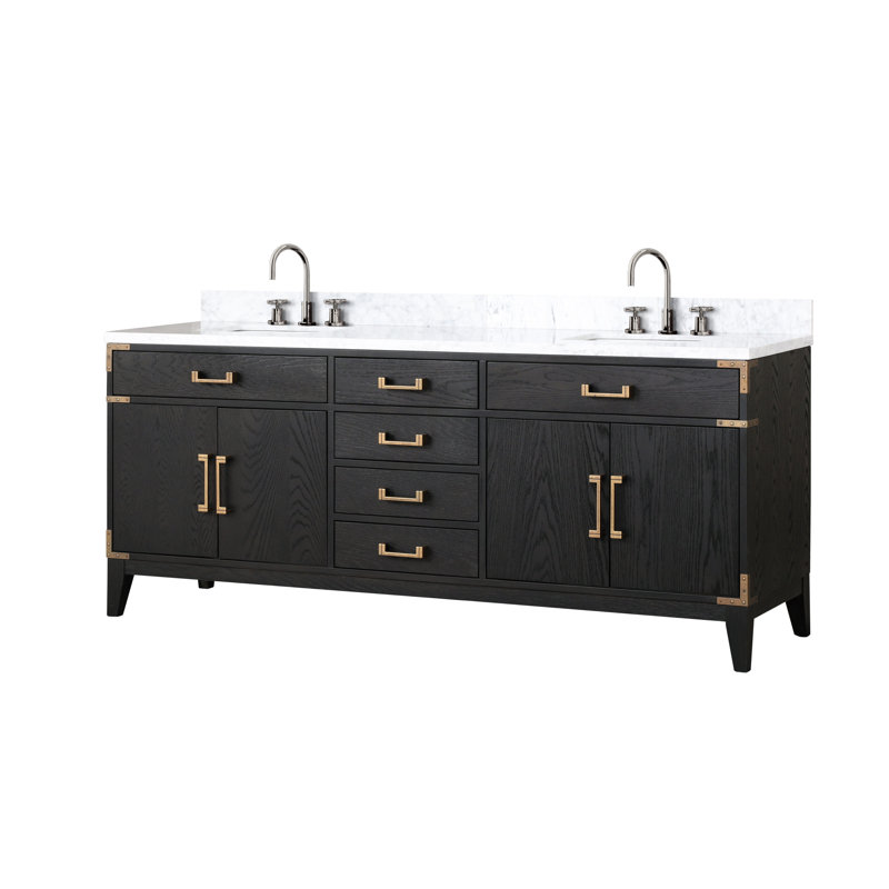 Laurel 80 in W x 22 in D Double Bath Vanity Faucet Set, White Carrara Marble, Black Oak