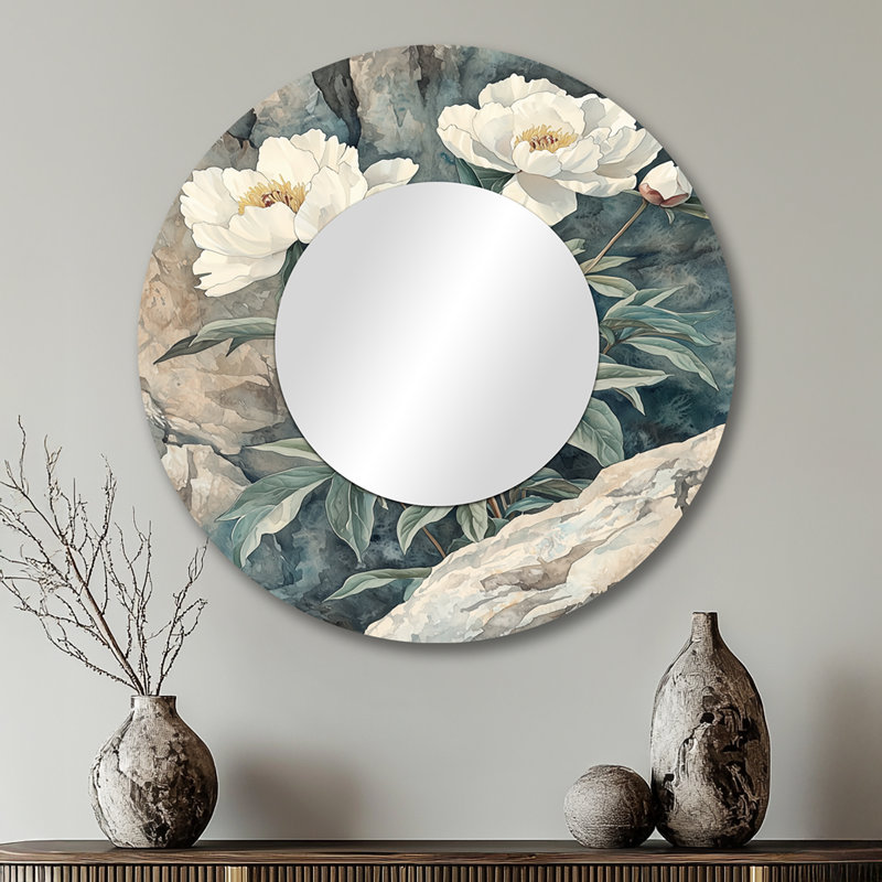 Pivoines monochromes par la falaise I - décoration murale miroir floral - imprimé sur métal, 29 po x 29 po