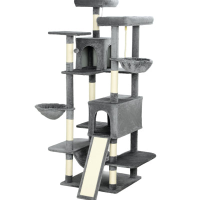 Multi-Level 69" Cat Tower With Dual Condos And Three Hammocks For Feline Fun - Stable Base Strap Security Scratching Options -Covered Platforms Relaxation 69 Inch Entertainment Wide Posts Claw