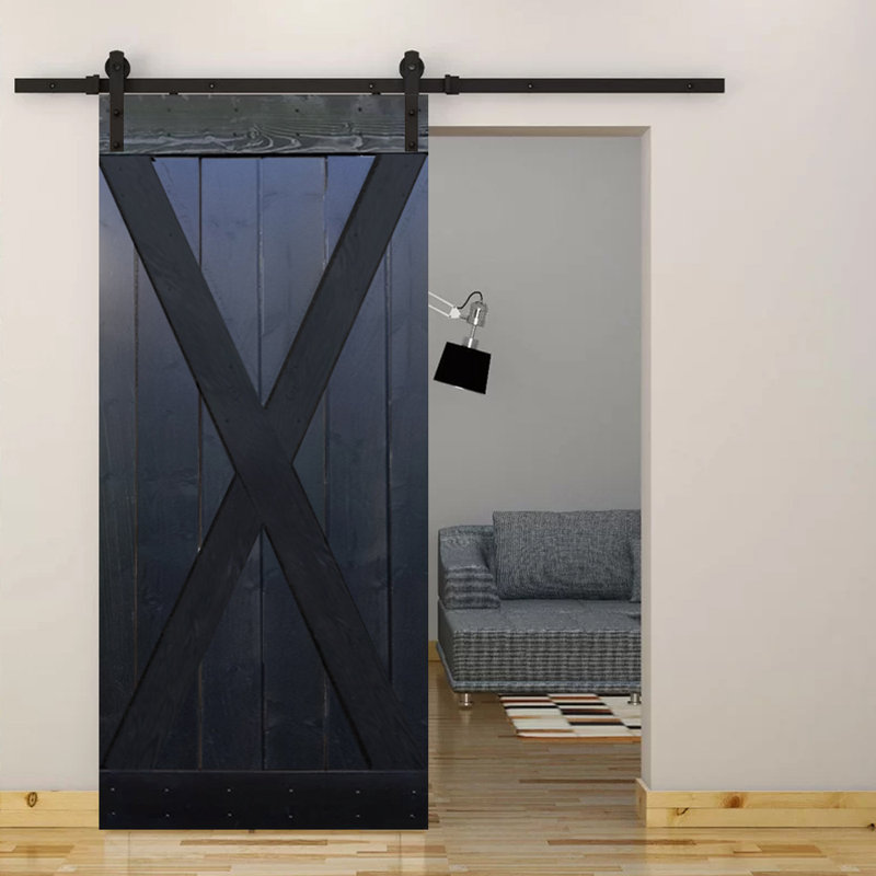 Porte de grange à panneaux en bois en X avec trousse de quincaillerie d'installation, Noir choco