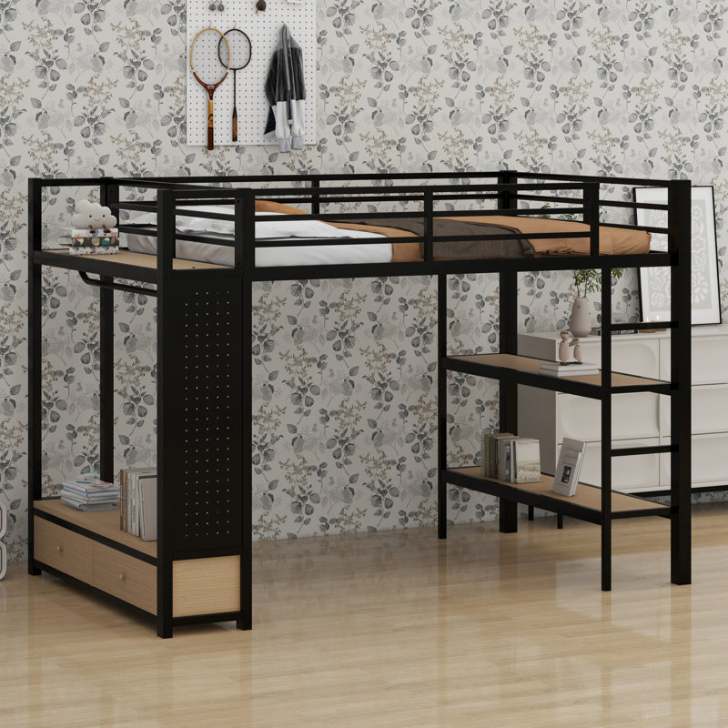 Structure de lit mezzanine en métal avec garde-robe, tablettes de rangement et panneau perforé