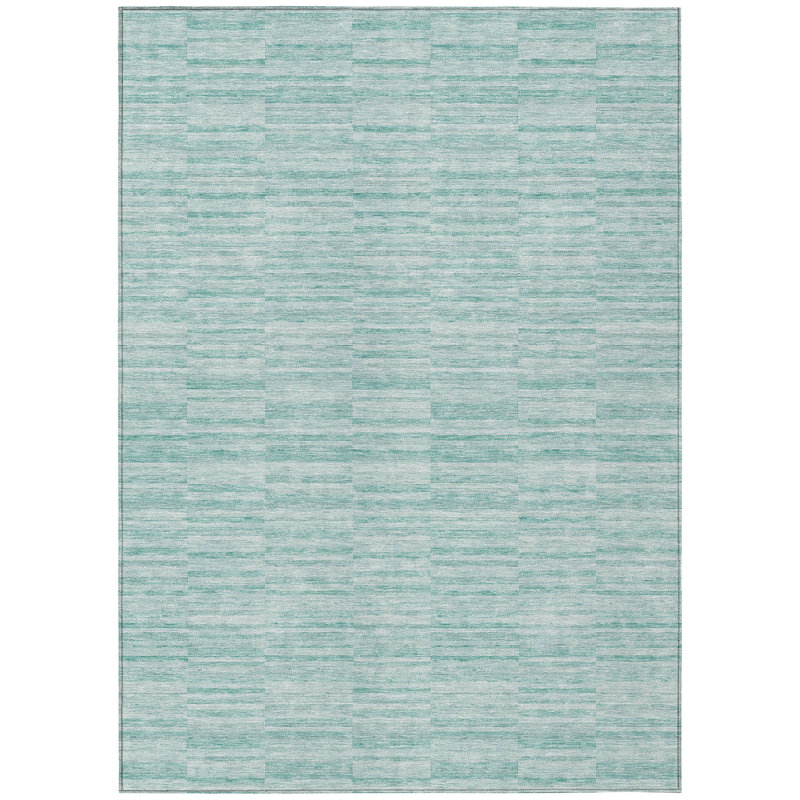 9' X 12' Turquoise Teal Blue And Grey Striped Washable Indoor Outdoor Area Rug