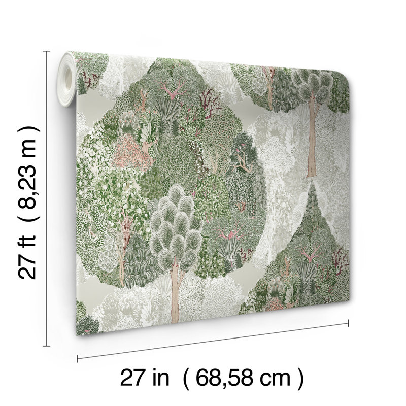 Papier peint forêt mystique, Vert / corail