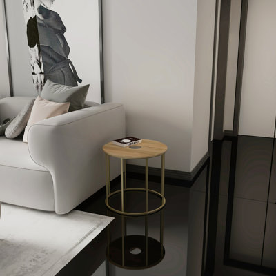 Table d'appoint latérale - Plateau rond en bois de manguier naturel avec cadre ouvert en laiton pour un décor moderne et minimaliste