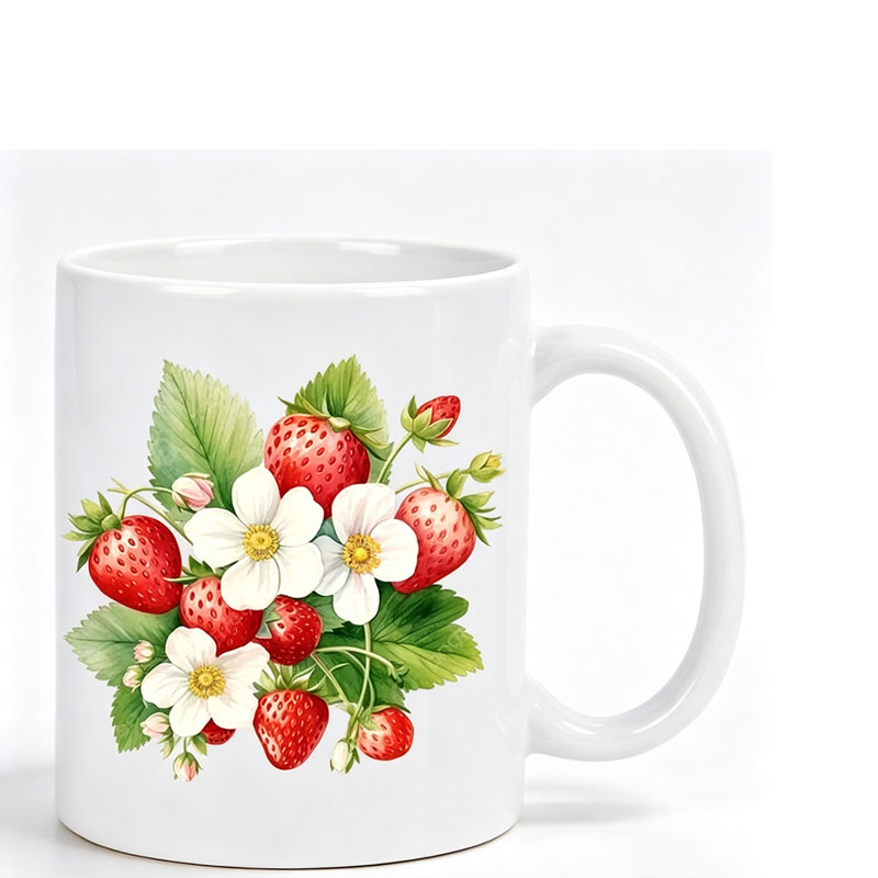 Fresh Strawberry Floral Ceramic Mug - Vibrant Red Strawberries & White Flowers Design, Dishwasher Safe, Perfect for Morning Coffee.
