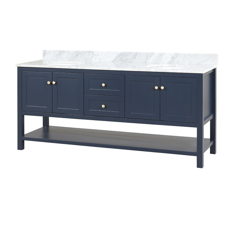 71.25;71.25'' Double Bathroom Vanity with Marble Top, Navy