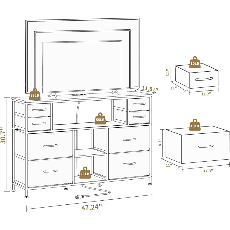 Modern TV Stand With Built-In LED Lights, Power Outlets, And USB Ports, Media Console With Drawers And Open Shelves For Living Room Entertainment Setup