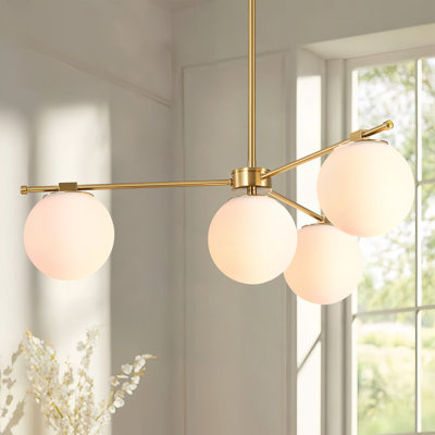 Lustre spoutnik contemporain en laiton 4 lumières avec abat-jour en verre opale (30,7 po)