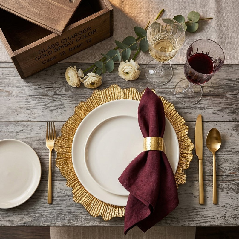 Essential Decor & Beyond 13" Gold Sprayed Glass Flower-shaped Charger With Irregular Edge Set of 6
