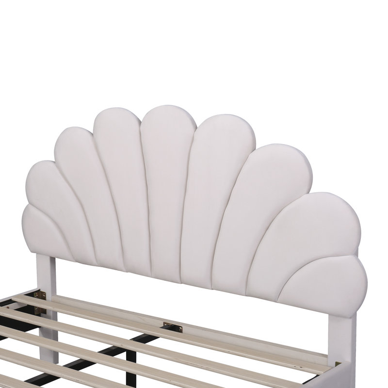 Lit plateforme tapissier avec tête de lit en velours, Beige, Lit double