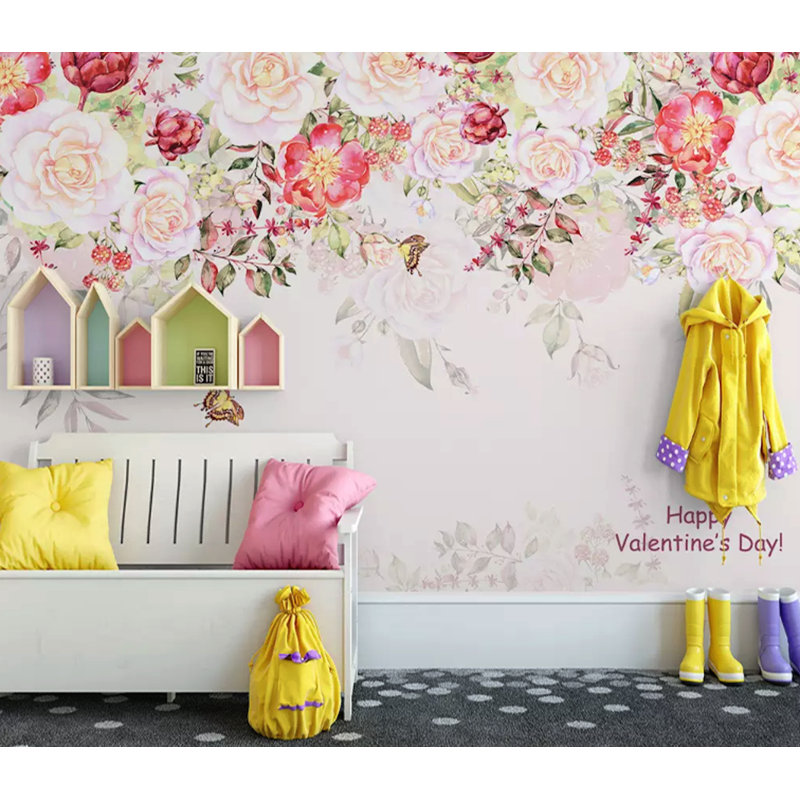 Papier peint amovible floral rose doux, L 114 po x l 204 po