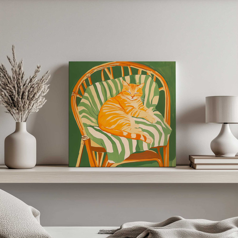 «Cat in Rattan Chair I» par Walker Noble, reproduction d'art sur toile, H 30 po x l 30 po