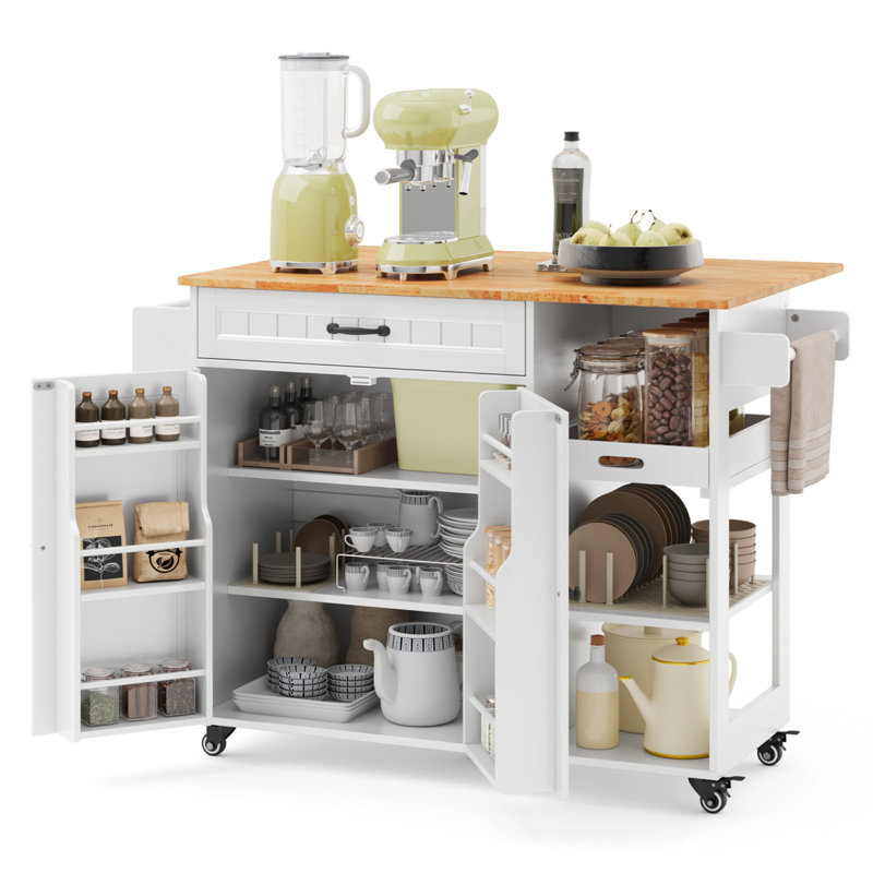 Chariot pour îlot de cuisine avec roulettes et tablettes réglables ouvertes Elik, Blanc