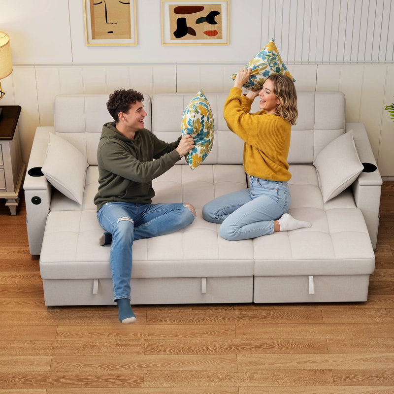 Canapé-lit, canapé-lit escamotable avec ports USB, rangement pour chaise longue, Beige