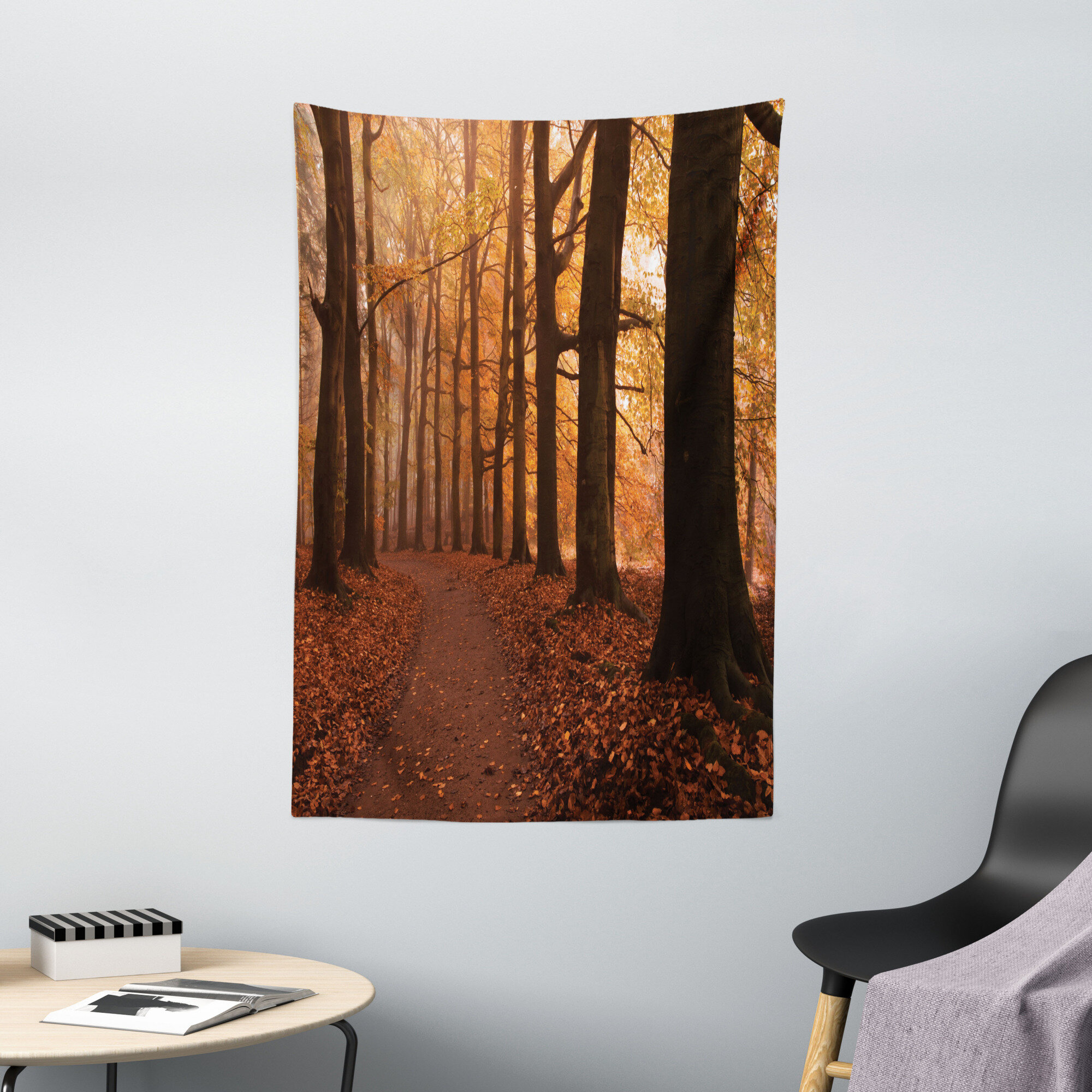 Ambesonne Forest Tapestry, Foggy Sunset Vibrant Sunbeams Rural Country Woodland in Fall Scenery Image, Wall Hanging for Bedroom Living Room Dorm Decor - 2