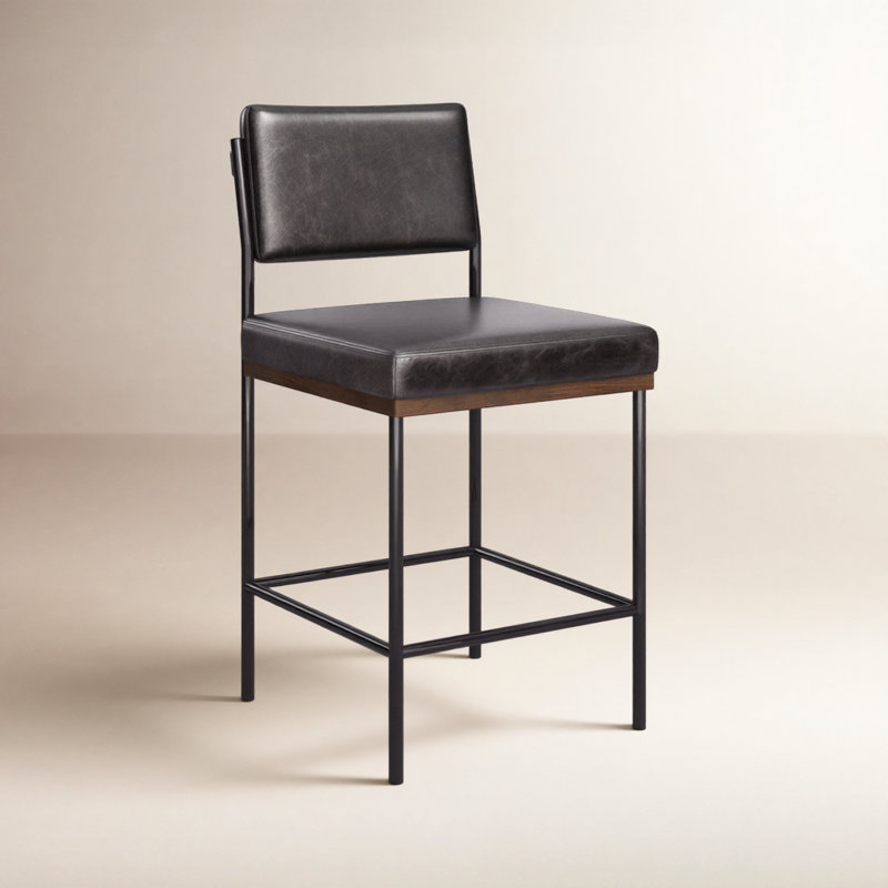 Benton Upholstered Stool with Metal Frame, Sonoma Black/Genuine Leather, Counter Stool (26.42" Seat Height)