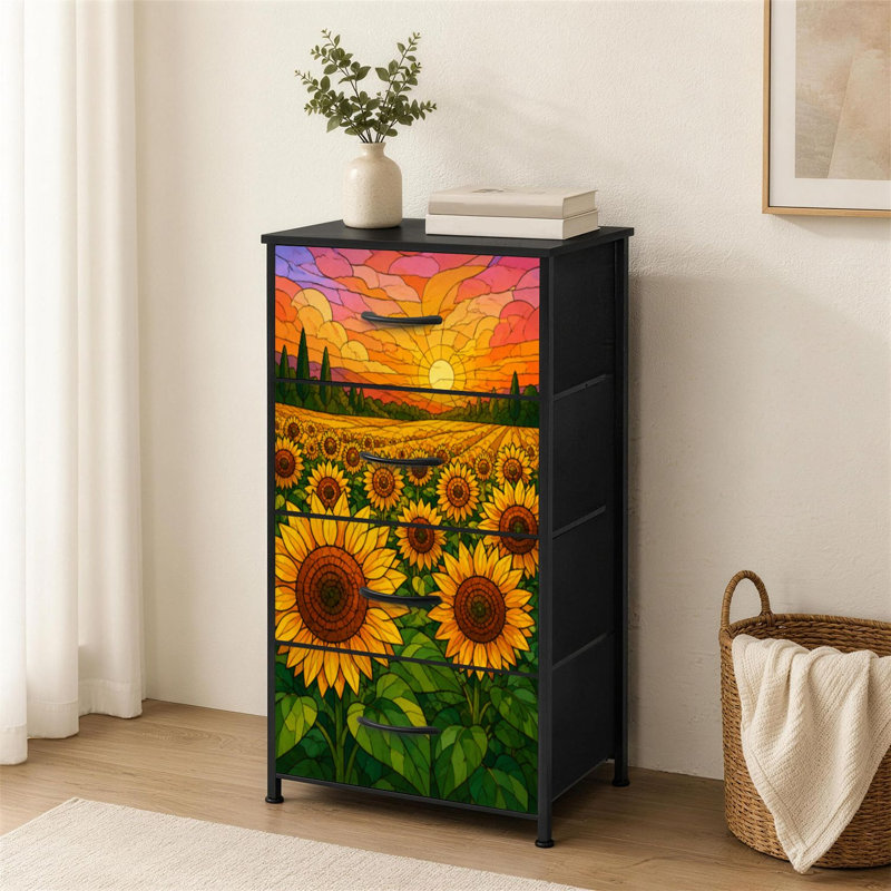 Commode 4 tiroirs pour chambre à coucher Vitrail tournesols automne automne coucher de soleil fleurs mosaïque florale Petite grande commode pour vêtements