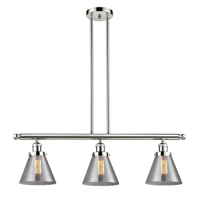 Cone 3 Light Stem Hung Island Light, Smoked, 36" H x 36" W x 8" D, Polished Nickel