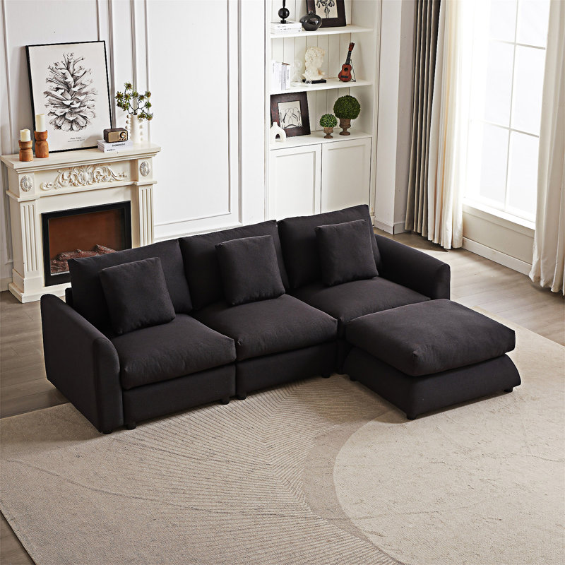 Canapé modulaire avec repose-pieds et trois coussins, Noir