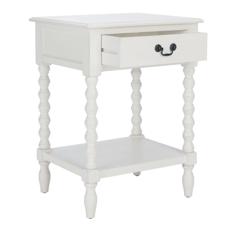 Modern Athena Farmhouse End Table –Solid Wood Design in Distressed White with Storage Drawer & Shelf, Distressed White