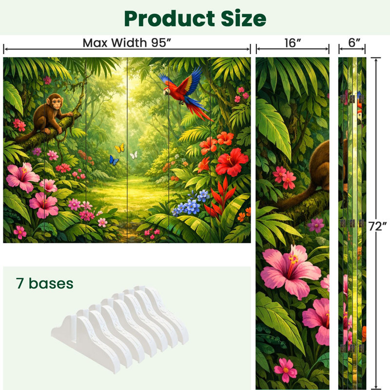 Cloison pliante 6 panneaux paravent Royal Tropical Jungle Fleurs éclatantes Feuillage vert dense Pépinière Toile Séparateur de pièce Cloison de protection autoportante Cloison d'intimité