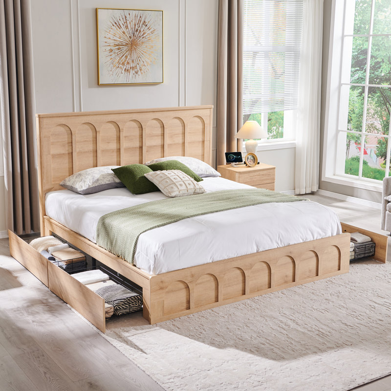 Modern King Bed Frame With 4 Large Drawers & 52"  Tall Arched Recessed Headboard, Wood Platform Bed With Solid Wood Slats Support, No Box Spring Needed