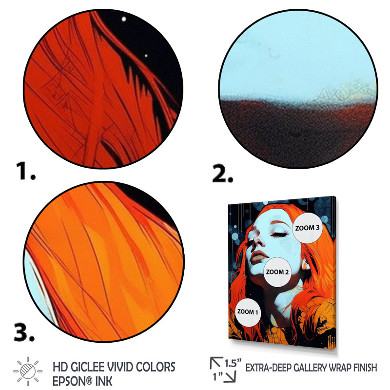 Illustration rétro d'une belle rousse rêveuse, H 32 po x l 24 po x P 1 po, Cadre photo noir
