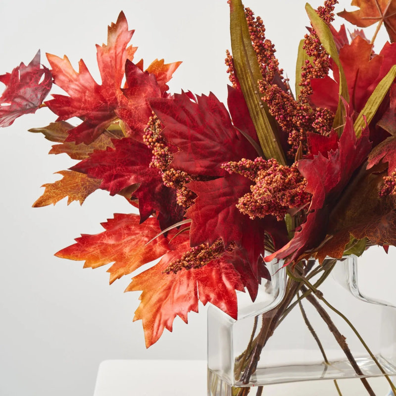 Mixed Fall Brown & Burgundy Red Maple Leaf & Rust Astilbe in Factice Vase Floral Water Illusion Arrangement